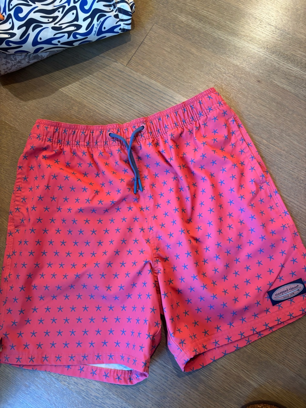 Vineyard Vines Coral Pink Swim Shorts with Blue Starfish